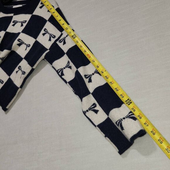 Sincerely Jules Women's Size Large Navy Blue White Bow Print Cropped Sweater - Picture 7 of 10
